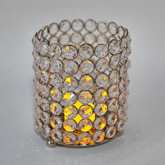 Glamorous Crystal Pillar Votive Holder, Hollywood Silver Decor, 5.25 x 4.5 - Picture 3 of 6